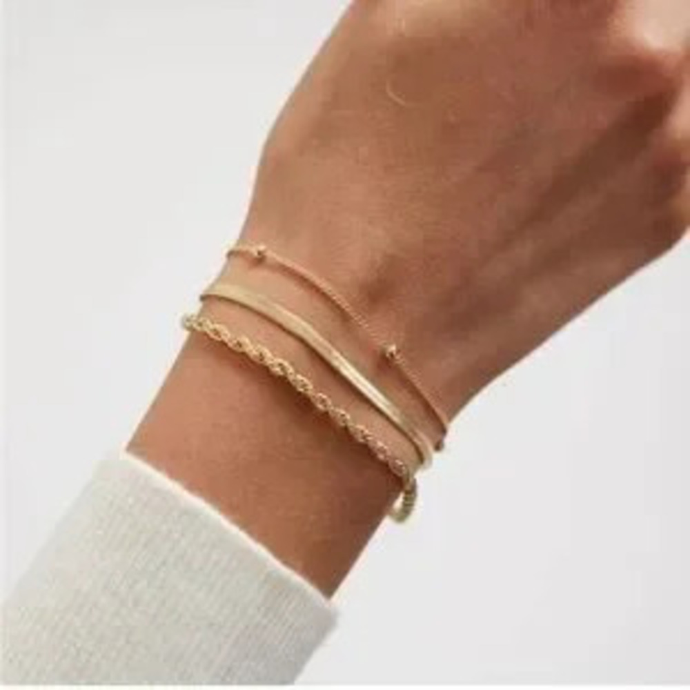 14k Gold Plated 3pc Snake & Beaded Bracelet Set - Picture 2 of 3